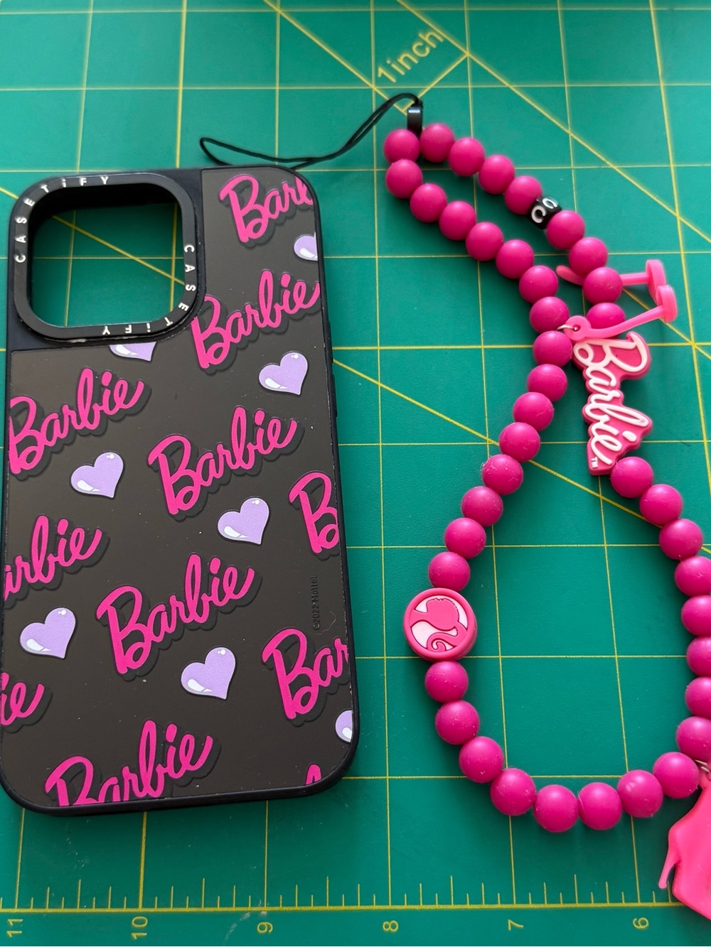 Barbie Black Phone Case with Pink Logos + Pink Beaded Strap iPhone 13 Pro